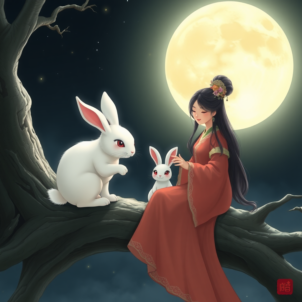 On the moon, a little white rabbit with ruby-colored eyes gathers with sister Chang'e in a sheer long dress, the jade rabbit, and the tall laurel tree, enjoying joyful times together.