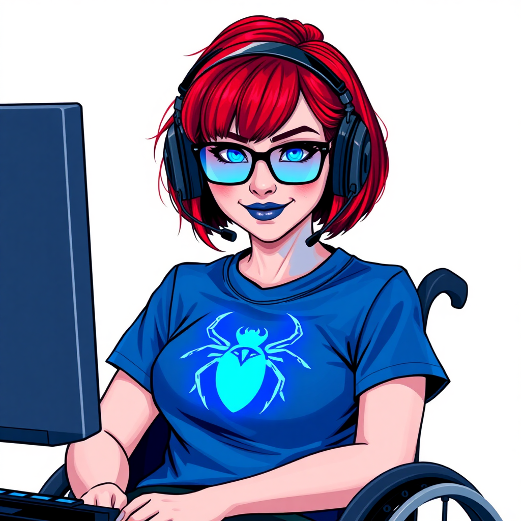 A striking, nerdy, 28-year-old computer hacker in a wheelchair, with a unique, fiery crimson bob cut, deep blue lipstick, and piercing blue eyes. She wears a vivid blue t-shirt adorned with a neon blue glowing beetle chest icon. Her accessories include a sapphire headset, sleek black eyeglasses, a lovestruck smile, and neon red blush. She serves as her vigilante boyfriend’s tech expert from his secret hideout, diligently working at her computer. The background is a solid white. She is drawn as if she was in a retro 2D cyberpunk fighting game. Ensure her hair color is distinct from DC’s superheroine Oracle and any other character.