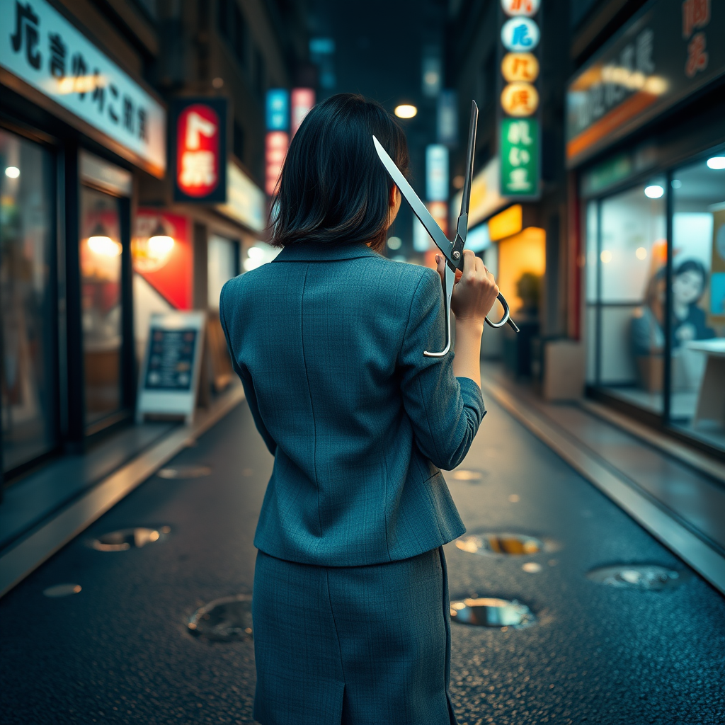 the back of a young Japanese businesswoman. She wears a grey blazer and a grey skirt and faces the camera. She tightly grips a pair of long scissors in one hand. The lights from the shops in the alleyway glint off of the scissors. The lights from the shops in the alleyway are reflected in the rain puddles scattered on the asphalt of the ground. It is late at night.