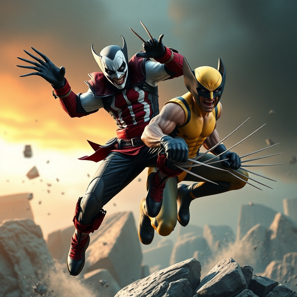 Jumping out of a Comic book cover is Spawn and Wolverine in Cinematic Real3D photo-realistic quality.