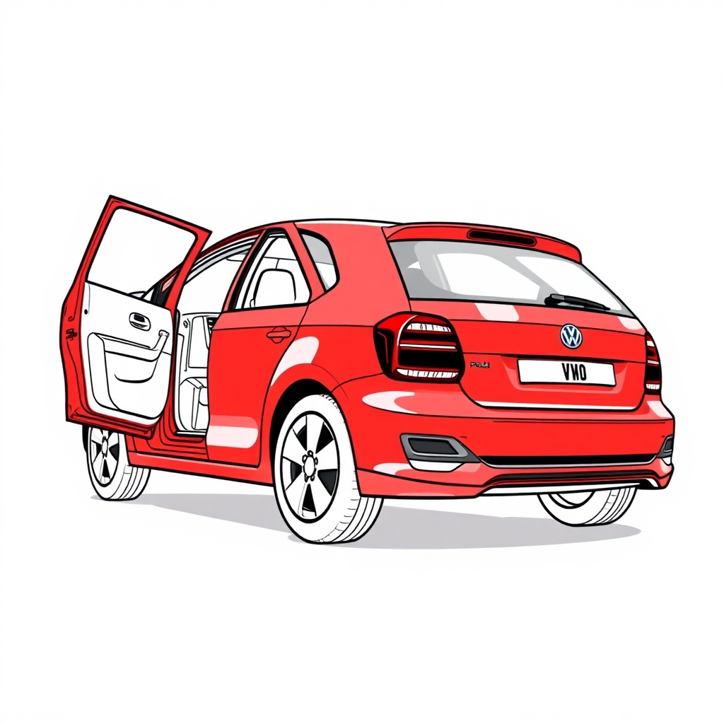 red vw polo II car, driver's door wide open, long establishing shot, 2D, caricature, cartoon, Sketch lines, coloring book, coloring book style on white background, well composed, clean coloring book page, No dither, no gradient, strong outline, No fill, No solids, vector illustration, realistic proportions, blueprint, left side view