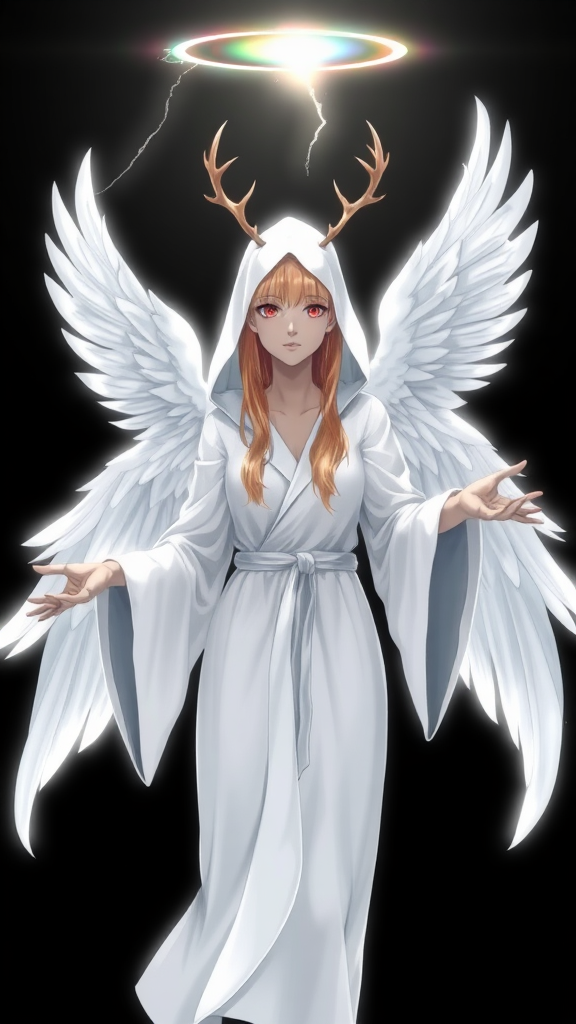 (Anime Style-art) Black background with rainbow-barrier broken, a completely female faceless, grey-skinned, wearing a white hood, golden haired women covered in pure white light, 2 deer antlers, 2 angel wings, glowing-white robes, hands out, floating mid-air, looking at viewer, full body view