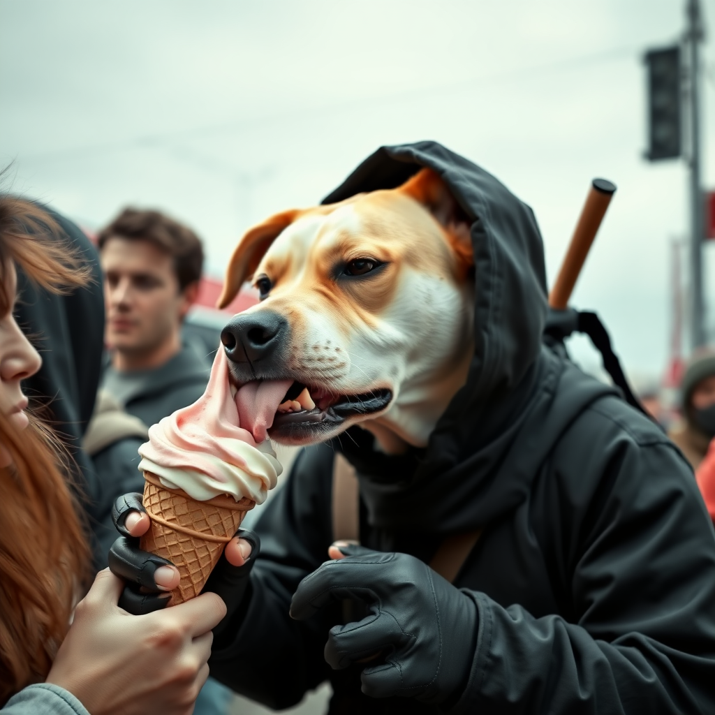 Dog licking everyone's ice cream cone. A ninja is angry