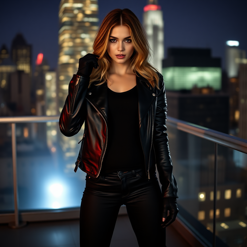 A beautiful thief girl in black leather jacket over black t-shirt with black tight jeans and gloves standing in a Manhattan penthouse at night.