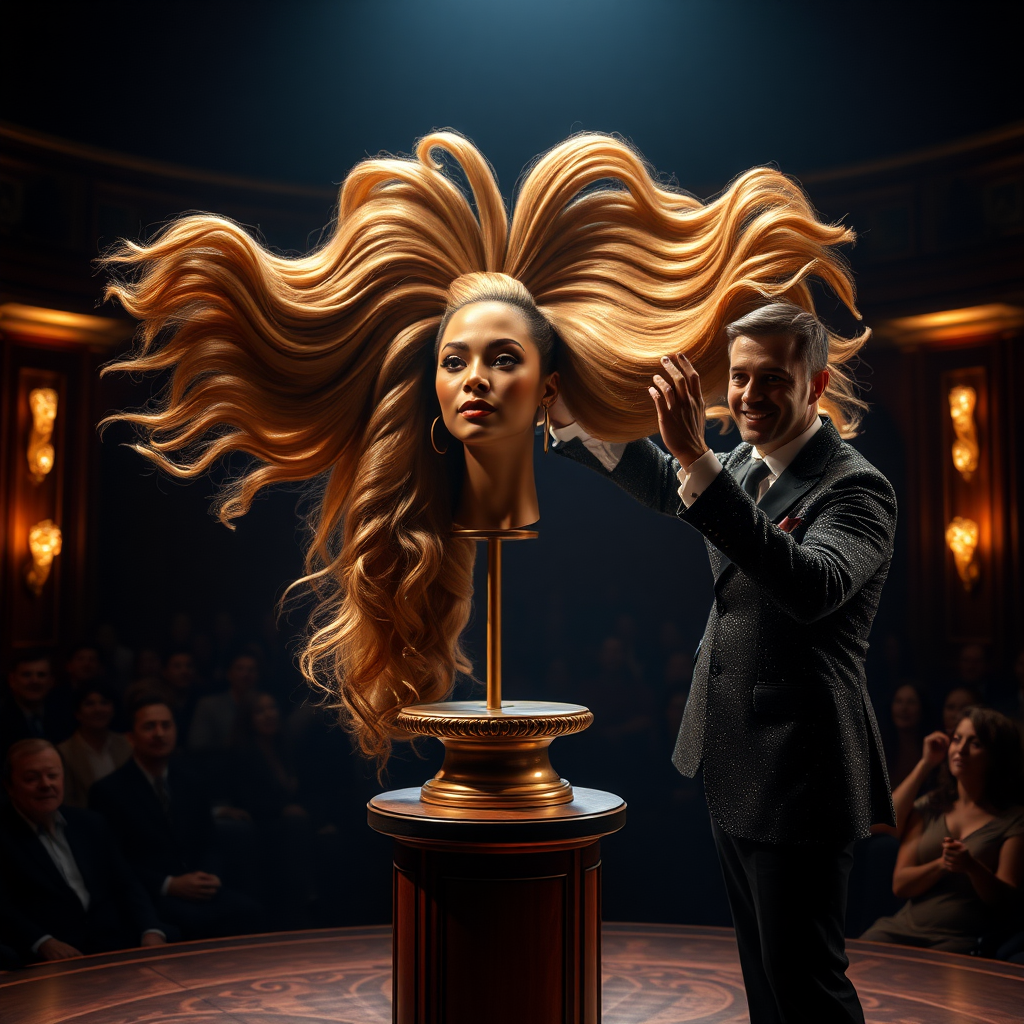 In a dimly lit theater, the atmosphere crackles with anticipation, the audience's murmurs a blend of curiosity and skepticism. On a grand, elegantly adorned display stand sits the disembodied head of the enchanting Beyoncé, her radiant skin glistening under the soft, warm glow of the spotlight. Her striking features are perfectly framed by cascading locks of lustrous, very long hair that shimmer with hues of light brown and hints of rich mahogany, reminiscent of polished silk.

Standing beside her is the magician, a charismatic figure in a sharp, tailored suit that glints with sequins in the light. With theatrical flair, he holds her voluminous hair aloft, fingers splayed wide, deftly spreading it out like a shimmering waterfall, mesmerising the audience. The hair flows like liquid night, each strand capturing the light as it falls gracefully to the ground, creating a stunning, almost surreal contrast against the stark wooden stage.

The magician’s face is lit with a confident smile, his eyes sparkling with the thrill of the performance, as he engages the audience with playful banter. Their gasps and laughter echo throughout the room, a symphony of wonder and disbelief. The scent of polished wood and fresh popcorn wafts through the air, mingling with the underlying electricity of the moment. Time seems to stand still as the audience leans in, captivated by the spectacle, a seamless blend of illusion and artistry that promises to defy reason and ignite imagination.