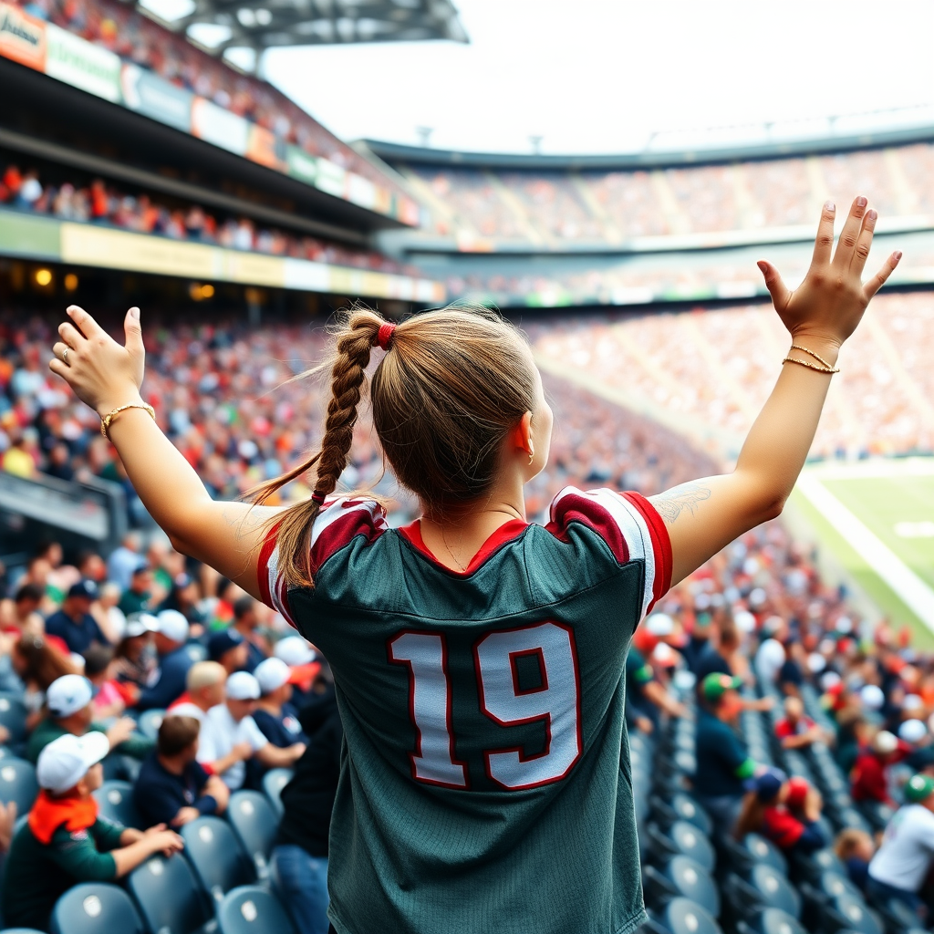 Attractive female NFL fan, pigtail hair, arms raised, jumping in the bleachers, crowded, NFL stadium