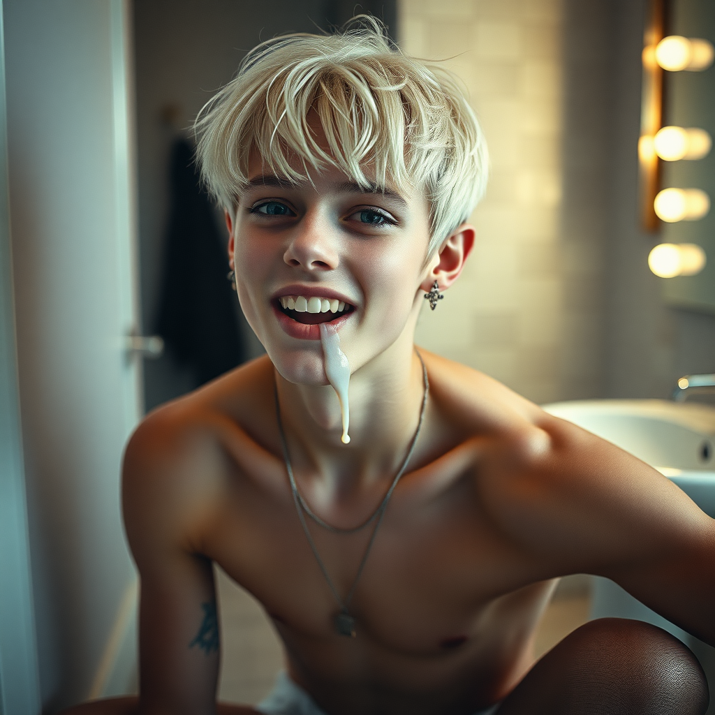 photorealistic, ultra high resolution, 16K, surreal fantasy, studio lighting, a pretty 16 year old goth boy, slim male physique, short blonde hair, goth makeup, earrings, pantyhose, white ballet shoes, in the bathroom, excited smile, facing the camera, drooling from his mouth