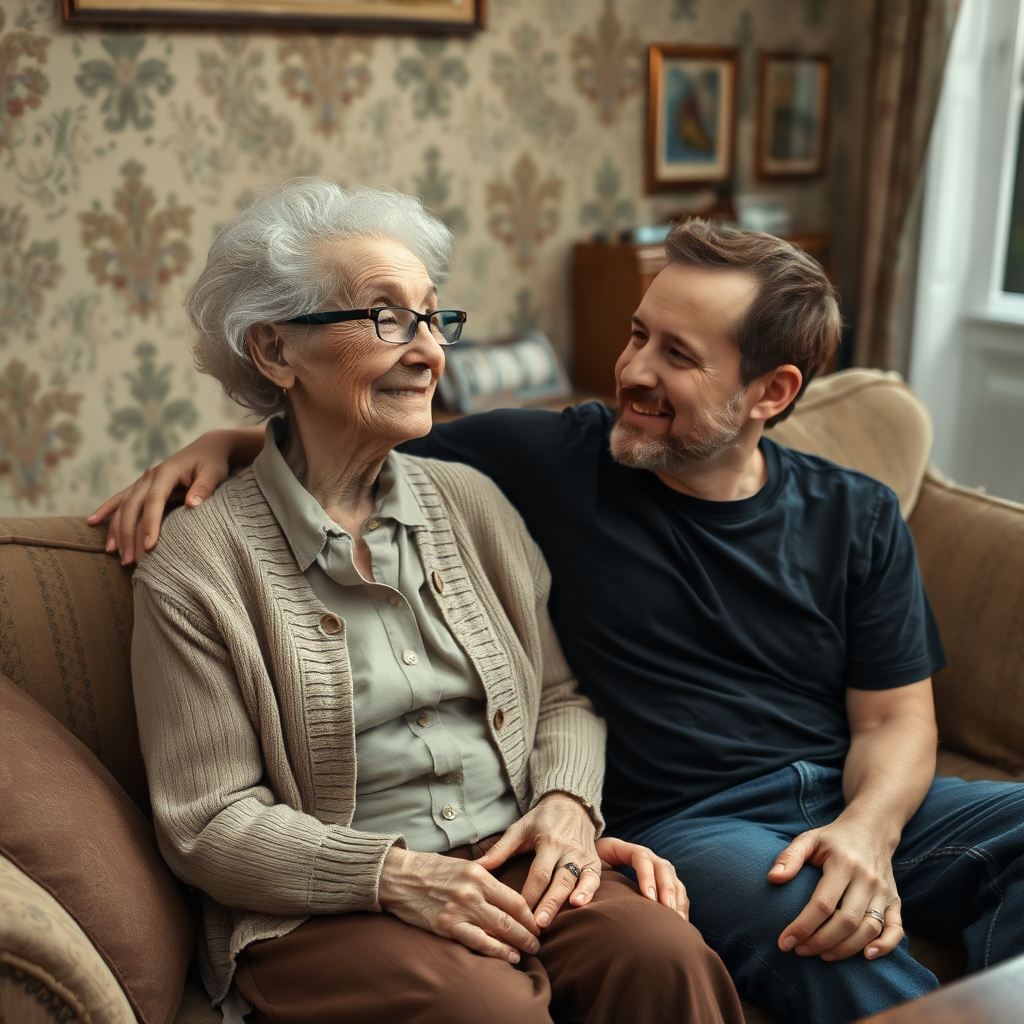 In a scene viewed from an angle and slightly above: In an old-fashioned English living room, a very frail, small and thin, very old and elderly English lady with an ugly face, kind smile, short, thinning white curly hair, wrinkled face, neck and skin, wearing thin framed glasses, an old cardigan, blouse and long skirt is sitting on a sofa with an English man about 40 years old, grey stubble on his chin, brown hair, sitting close next to her on the same sofa, wearing a black T-shirt and dark blue jeans. The man and woman are smiling at each other. The woman is looking at the man's eyes and smiling. The man is looking at the woman's eyes and smiling.