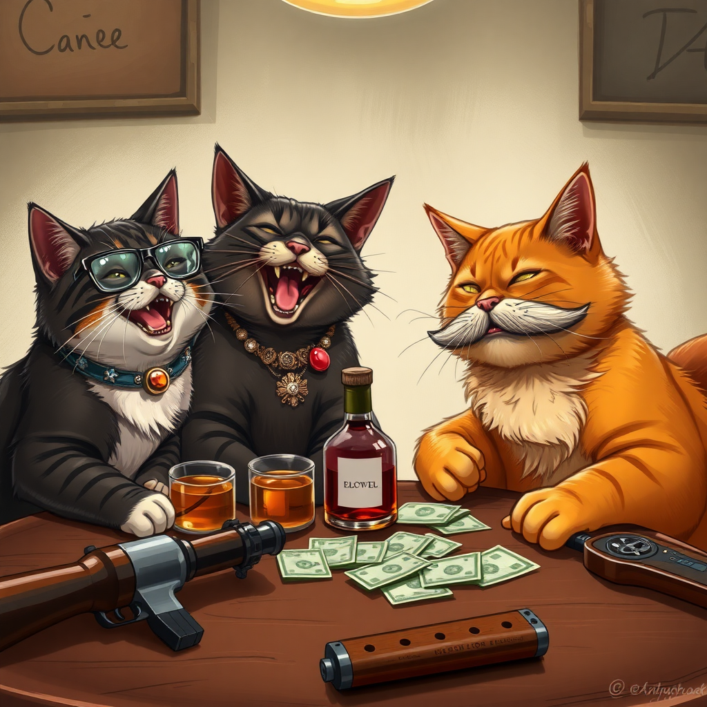 4 cats, a brown one with glasses, a dark brown one with a necklace and gold teeth, a small black one with earrings, and an orange one with a big mustache are all laughing together around a table with alcohol, bills, and realistic weapons.