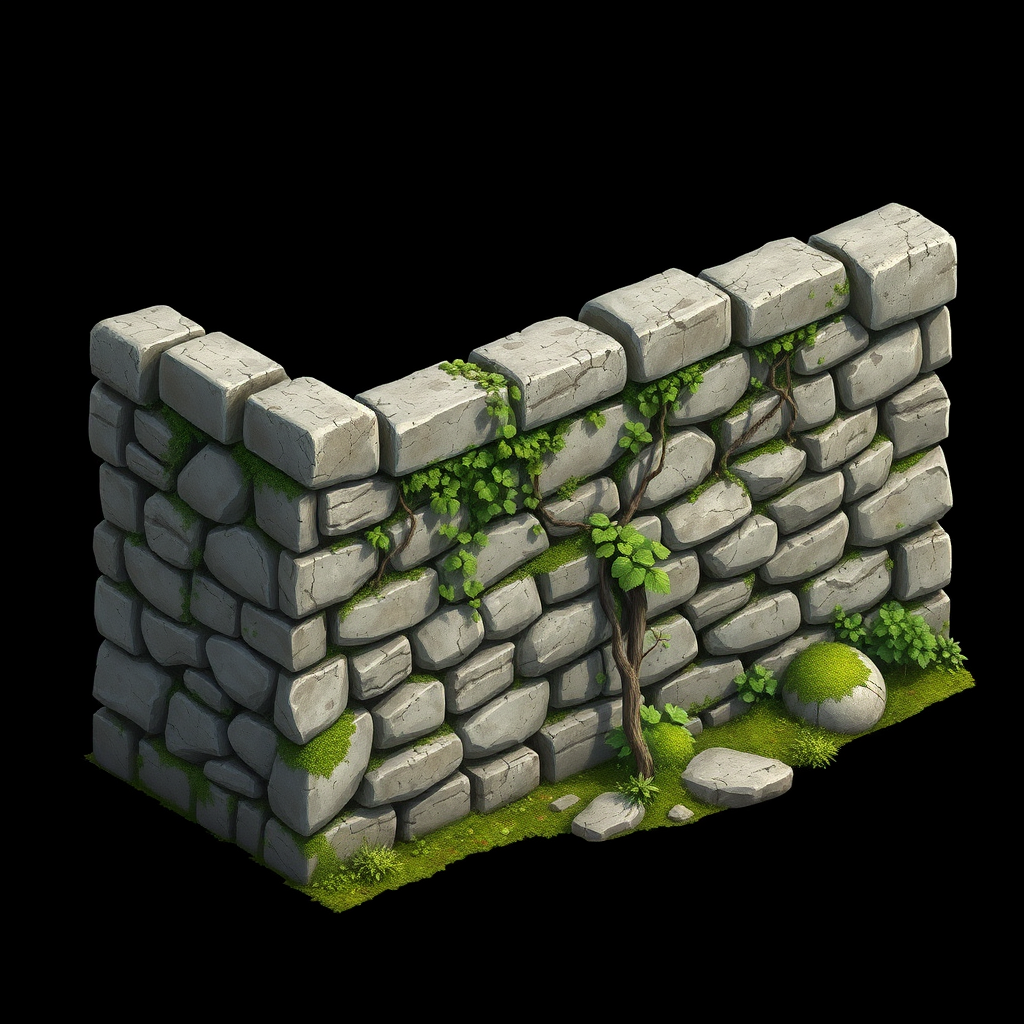 Create a section of a cobblestone wall. The wall is shown in true isometric perspective in a style that combines fantasy game art and digital painting. Use soft lighting. The wall should look weathered and has vines and moss growing on it. The background must be plain black.