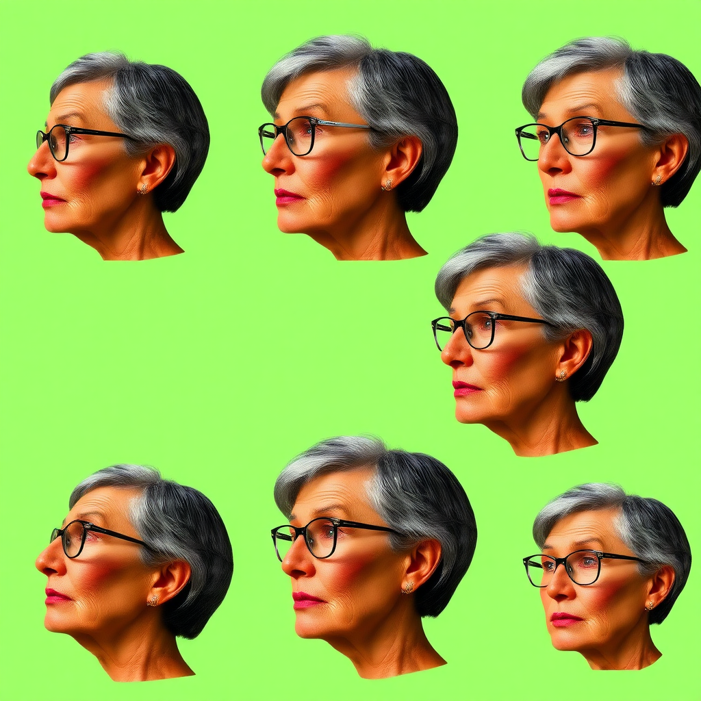 Photorealistic image of six headshots of a 55 Years old, European, Latina, sharp aquiline nose, wrinkles, high cheekbones, Middle Eastern, Skinny, Tanned skin, Dark light skin, full Makeup, jewelry, Serious face, Sharp nose, frowning, amazed, dark grey Ash hair, short bowl haircut, Brown eye color, Glasses, with detailed features. Each photo displays the same face in profile and front view, cut out and isolated on a green background. All six heads are visible side by side, empty space around each view, no overlapping.