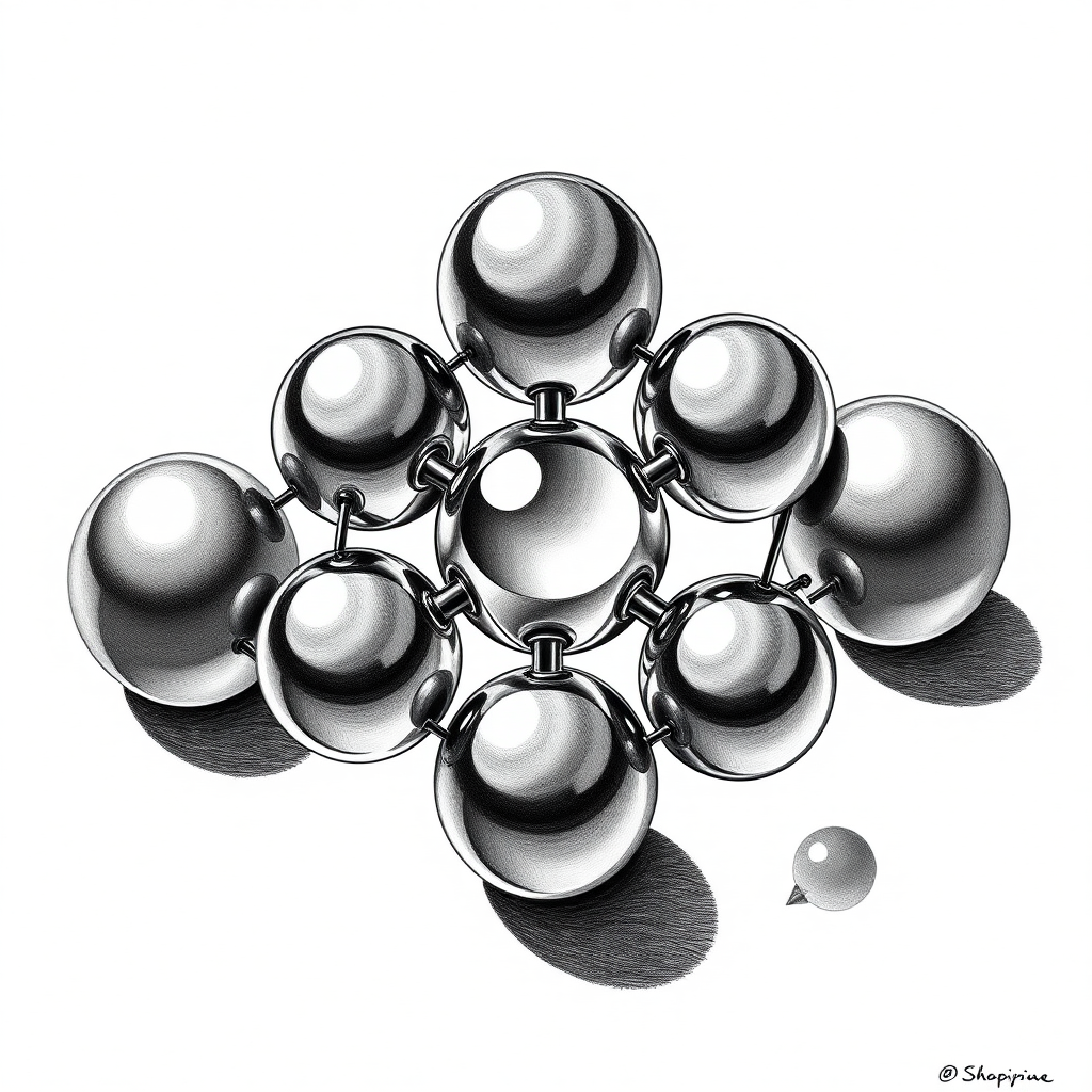 Five connected spheres of mercury in a ring in between two other spheres, spinning top, fidget spinner, toy, small spheres, isometric, side view, symmetric, pencil drawing, impossible, black and white, atomium, Escher, reflective, raytracing, seven, trickery