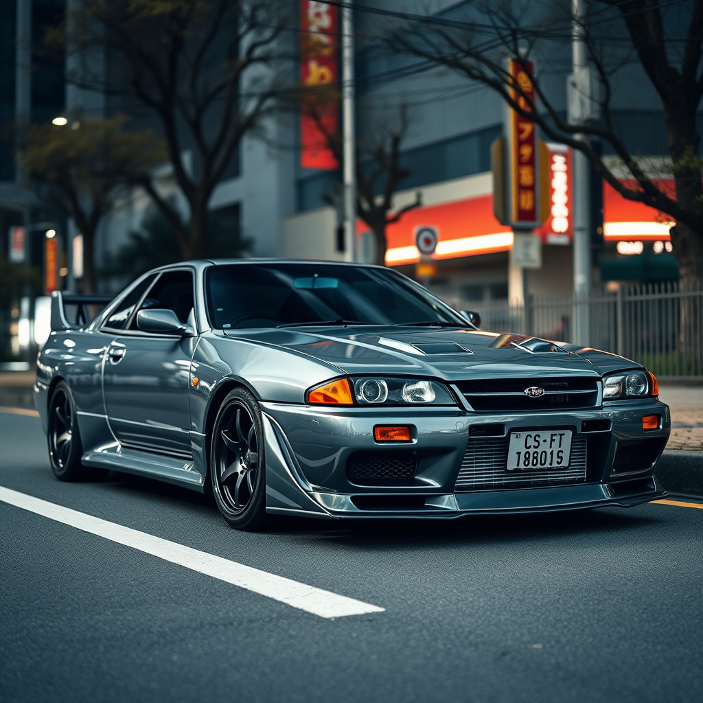 The car is parked on the side of the road, inspired by Taiyō Matsumoto, tumblr, restomod, nd4, c4 metallic shine gray black nissan skyline r34 tokyo arkaplan hatasız tam eksiksiz ayrıntılı genel gerçek detaylar en iyi fotoğraf poz sinematik hafif yağış su damlalar yansıma ıslak yol need for speed tarzı body kit