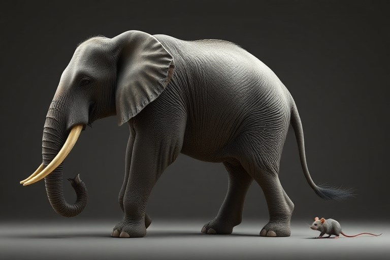 A full-length, photorealistic image of an elephant possessing the musculature and silhouette of a mouse, while retaining its head, complete with facial features. The creature's skin and fur should remain intact. The background should draw inspiration from both the elephant and mouse, seamlessly blending their distinct characteristics.