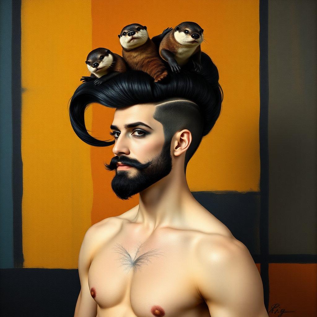 The background is a painting by Mondrian. A 4K hyper-realistic photograph in the style of Kandinsky, blending surrealism with kitsch. The subject is a man with an extravagant, French black haircut, styled in a flamboyant bun, paired with a sexy, masculine look. He sports a neatly groomed, three-day beard — short, evenly distributed, with a light shadow effect across the chin, jawline, and cheeks. His makeup is dramatic, like a drag queen, adding to the boldness of his appearance. He has a muscular, athletic build. He’s naked, standing confidently. His pose is that of a pin-up woman. Above him, smaller otters rest playfully on his head.