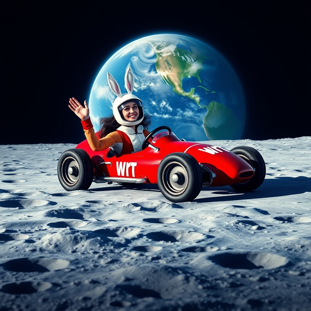 On the lunar surface with many craters, there is a red lunar race car with "WRT" written on it. A beautiful brunette female racer, wearing a racing helmet with white rabbit ears standing up, is smiling and waving one hand while gripping the steering wheel with the other. In the background, there is a huge blue Earth.