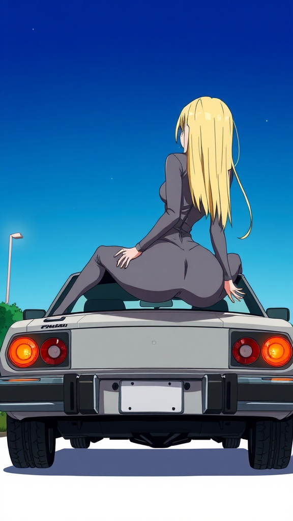 A anime drawing: A-cropped backside view one-piece tight-grey suit baddie-white girl long blond, legs split out on top of a car