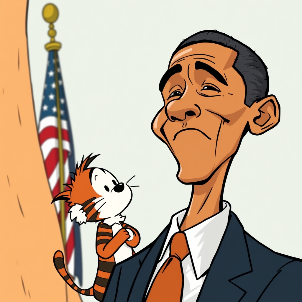 Create an illustration of president obama in the style of Calvin and Hobbes comics by Bill Watterson, as if president obama was part of a Calvin and Hobbes Comic