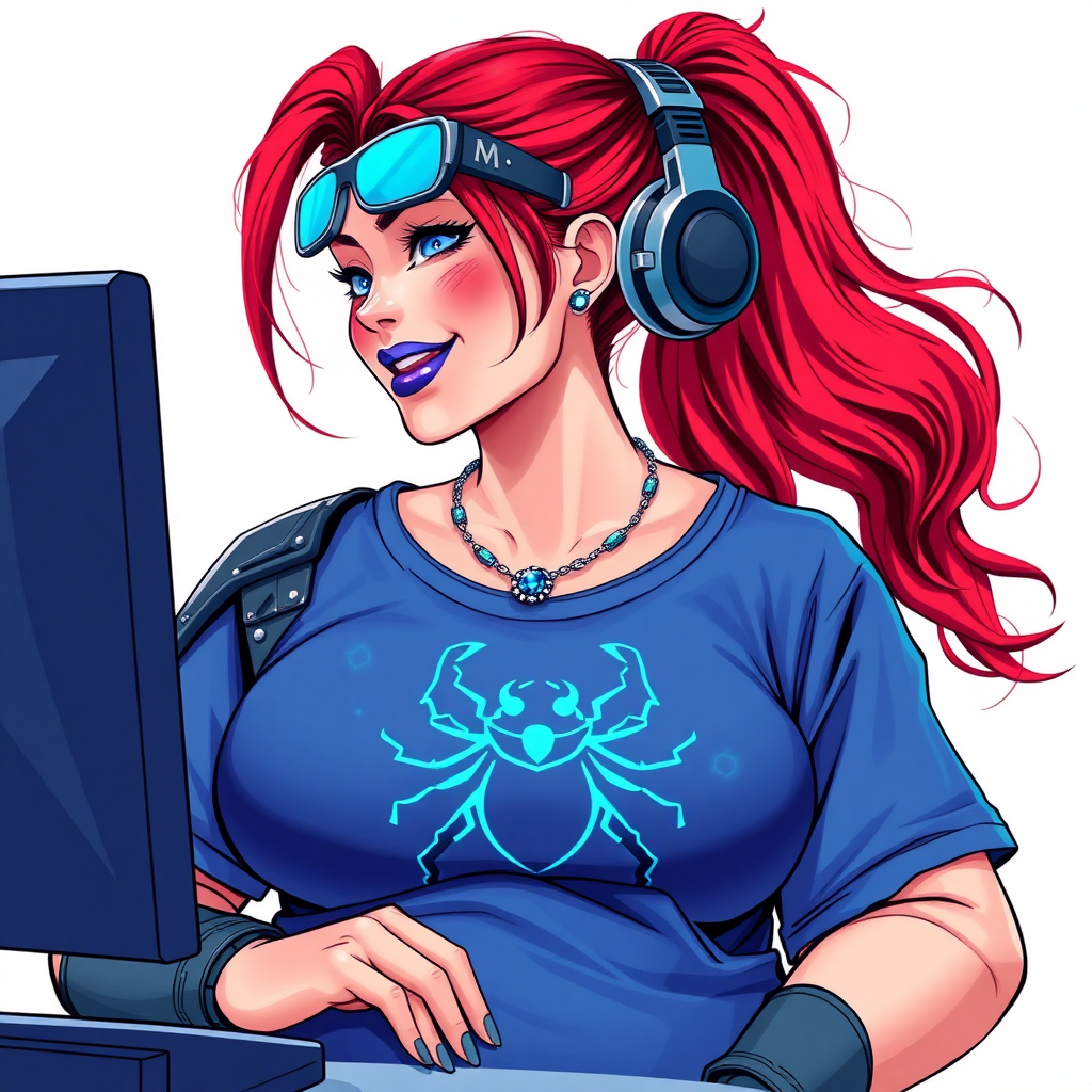 A cyberpunk vigilante’s full-figured intelligent and tech-savvy 29-year-old girlfriend, who is a computer hacker and tech genius. She has a long ruby red ponytail and bright blue eyes. She wears maximum blue lipstick, a sapphire beetle gemstone necklace, sapphire earrings, hi-tech metal arm armor, and an oversized maximum blue t-shirt featuring a neon blue glowing icon of a beetle on its chest. She has a full-figured physique with a prominent, enormous, round midsection, reflecting her well-cared-for lifestyle. She sports a sapphire headset with hi-tech maximum turquoise lensed HUD eyeglasses, and a beaming smile with a passionate bright red blush. Despite her figure and a lack of self-esteem, she radiates beauty. She has a slim face which contributes to her radiant beauty. She serves as his tech expert from his hideout, diligently working at her lab table and computer desk. The background is solid white. She is drawn as if she was in a retro 2D cyberpunk fighting game.