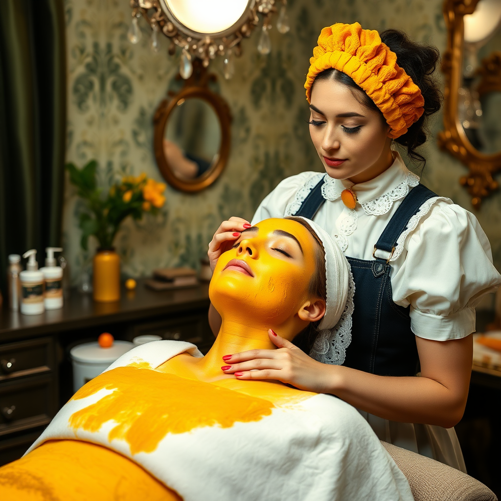 female french maid working in beauty parlour, giving turmeric facial to her clients