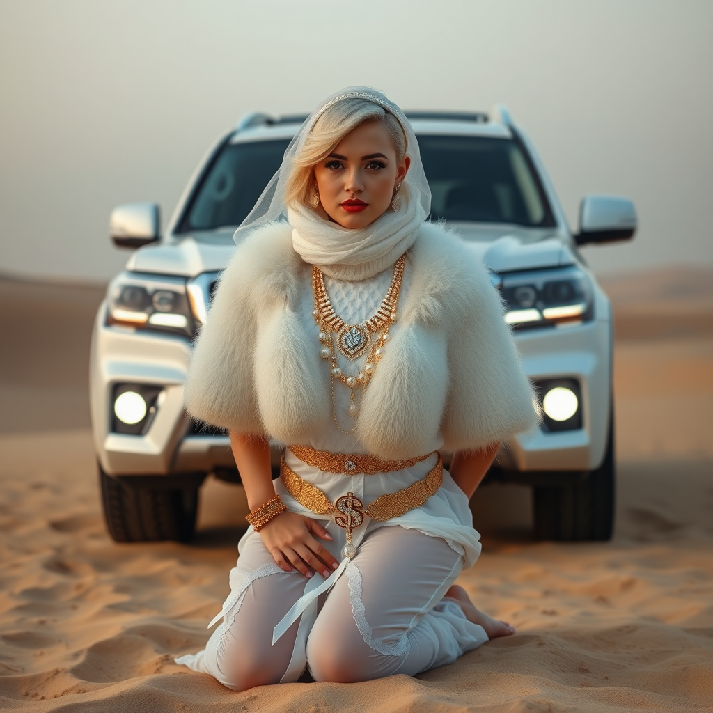 Kuwait desert dunes misty dawn, full size luxury SUV: Melissa, European 17 years old very convincing femboy “trophy-bimbo”, tamed servile docile, very beautiful feminine flawless face, rather short, by hormones very curvaceous womanly figured, platinum blond short tight curls, bold red lips, heavily made-up face, wearing Supertanya-style fluffy very fuzzy bright white angora turtleneck-poncho cropped ending under bust decorated with pearls and gemstones, striking oriental wide gold bridal protection belt, white fully transparent harem pants, full Oriental bridal jewelry including headpiece, white transparent harem-style alluring face veil covering noose and mouth, coin anklets, striking diamond “$$$” letter brooch on left chest, pout frustrated, hands tied behind back, kneeling in sand in front of SUV, looking at camera. Focus on face and turtleneck-poncho.