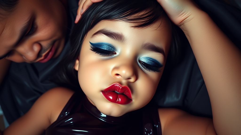 four-year-old-latina-female-child that has extremely big lips. She is wearing intense-blue-glitter-eyeshadow, thick-winged-eyeliner with very-dramatic-eyeliner-wings, and dark-burgundy-glossy-lipstick. She is wearing a tight-glossy-latex-sleeveless-crop. Her lips are puckered and her eyes are half closed. A man is holding her head. Fish-eye-lens, laying in a dark motel room, amateur flash photography.