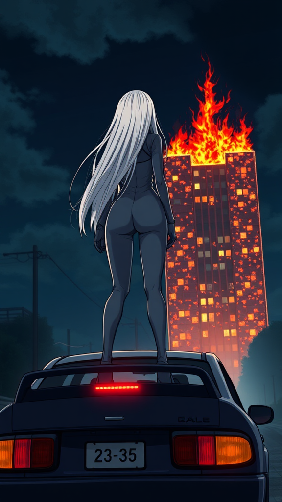 A anime drawing: A very close up-cropped view one-piece tight-grey suit baddie-white long blond standing on top, legs split out on top of a car booty, looking front-facing backside, behind a building completely on fire at night afar, 4 hands of black African-fist raised in the air near her