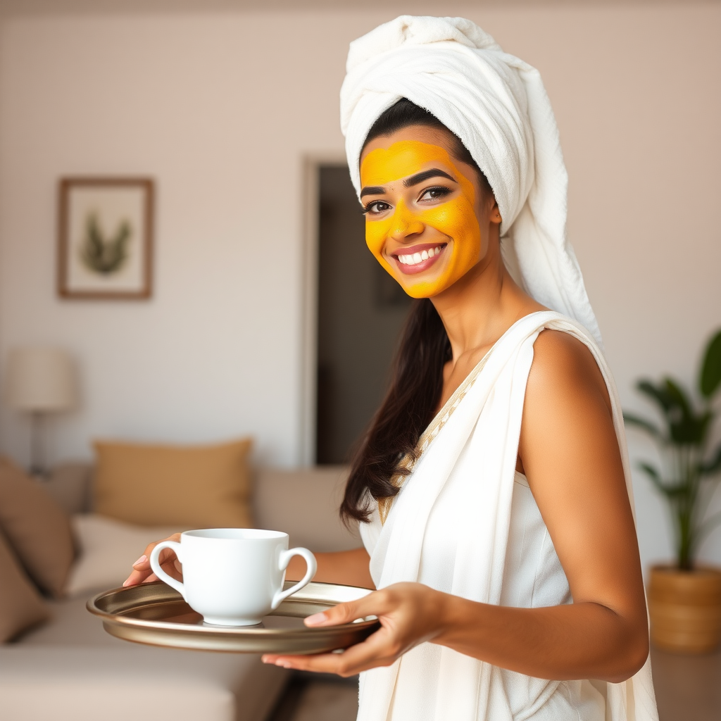 slim, 30 year old, indian Bride, towel head, turmeric face mask. She is smiling and serving coffee on a tray in living room.