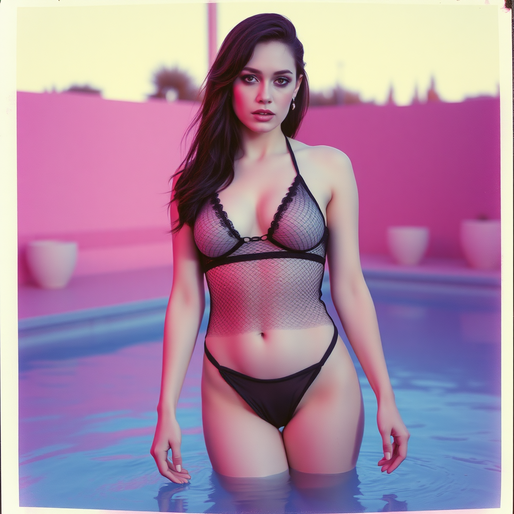 old polaroid photo with heavy vignetting and pink and blue artistic studio lighting color tint and light leak, depicting a sexy curvy thicc pale white alt goth girl with eye makeup, wearing a tiny revealing black see thru mesh two piece bikini gstring thong with a small outline of her labia and nipples visible, standing in a pool