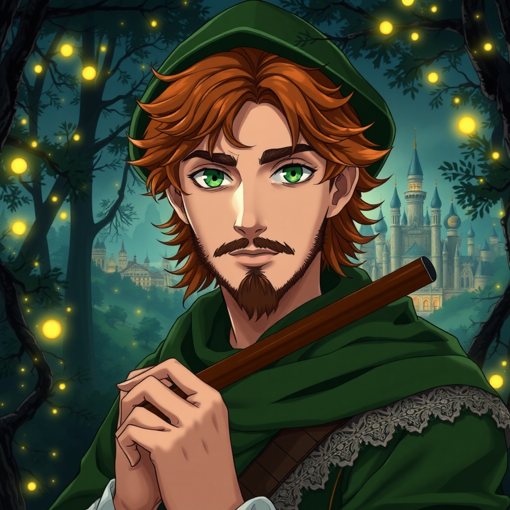 Create a detailed anime-style image of a 25-year-old white man. His eyes are green in color. His hair is slightly wavy and bold in a coppery brown tone, with a Robin Hood-style hat. He has masculine features and his countenance is strong. He wears a moss green and white flutist-style outfit. He has a beard and mustache. It's in the middle of a dark forest, lit by fireflies that glow softly. In the background, a city with fantastic architecture, giving a magical touch to the scene. The image must have an anime style, capturing every detail with precision and 8k quality. Looks like a photograph. Extremely realistic. 25 years old. Beautiful. Beautiful. Extremely realistic. Beautiful appearance.