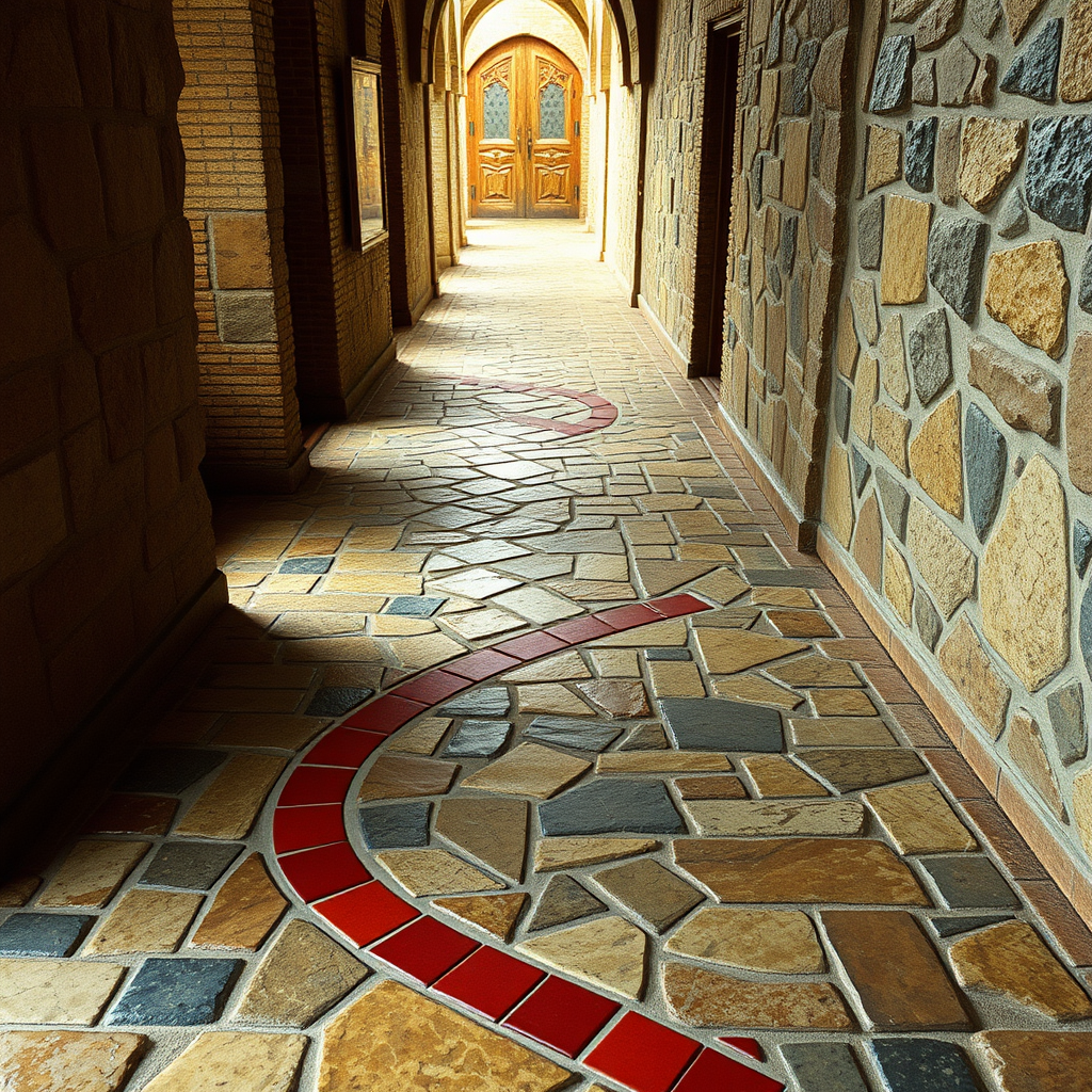 highly detailed realistic 35mm fantasy movie still photograph of The floor of the corridor is a colorful mosaic of stone, with a distinct, winding path of red tiles about 2' wide (the line snaking its way south down the corridor) easily visible to the onlooker.