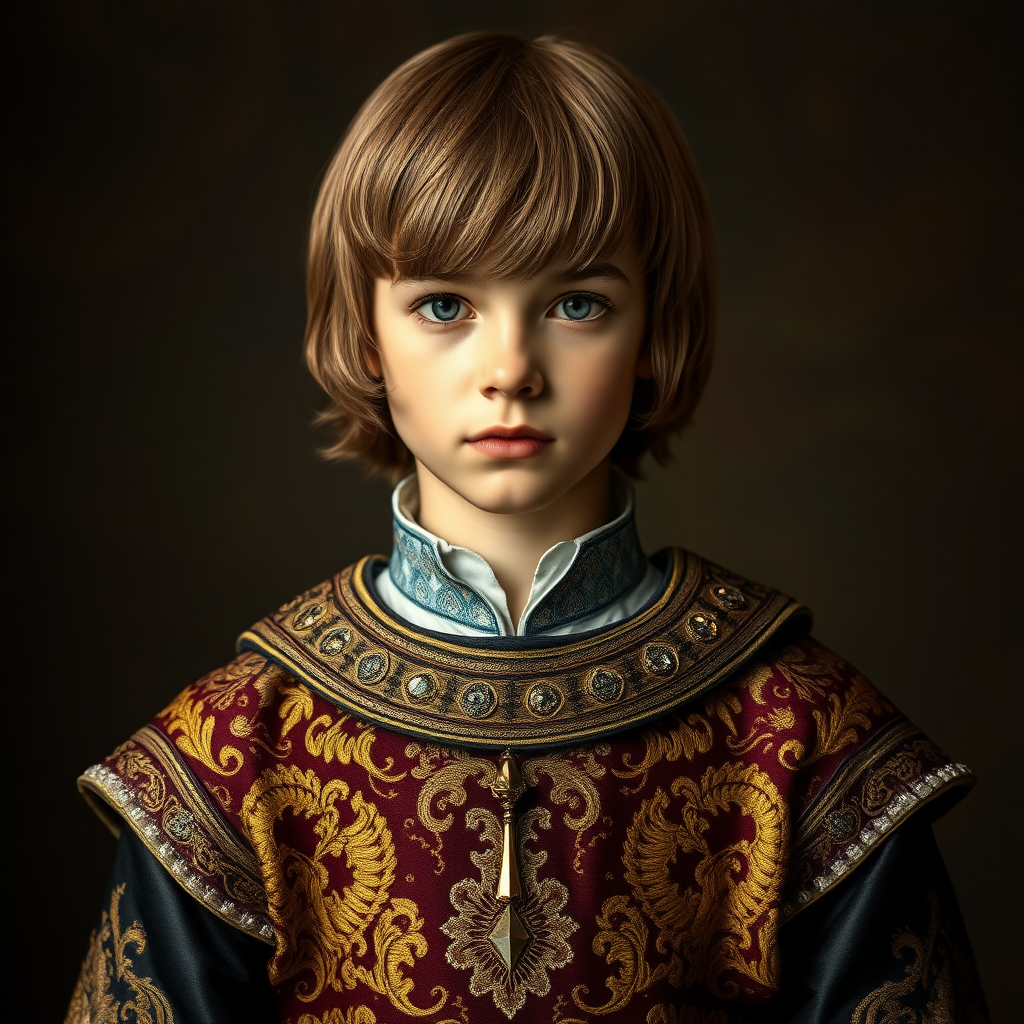 16yo teen boy prince, long bob cut, embroidered with gold and diamonds medieval cloths. photorealistic, ultra high resolution, 16K,