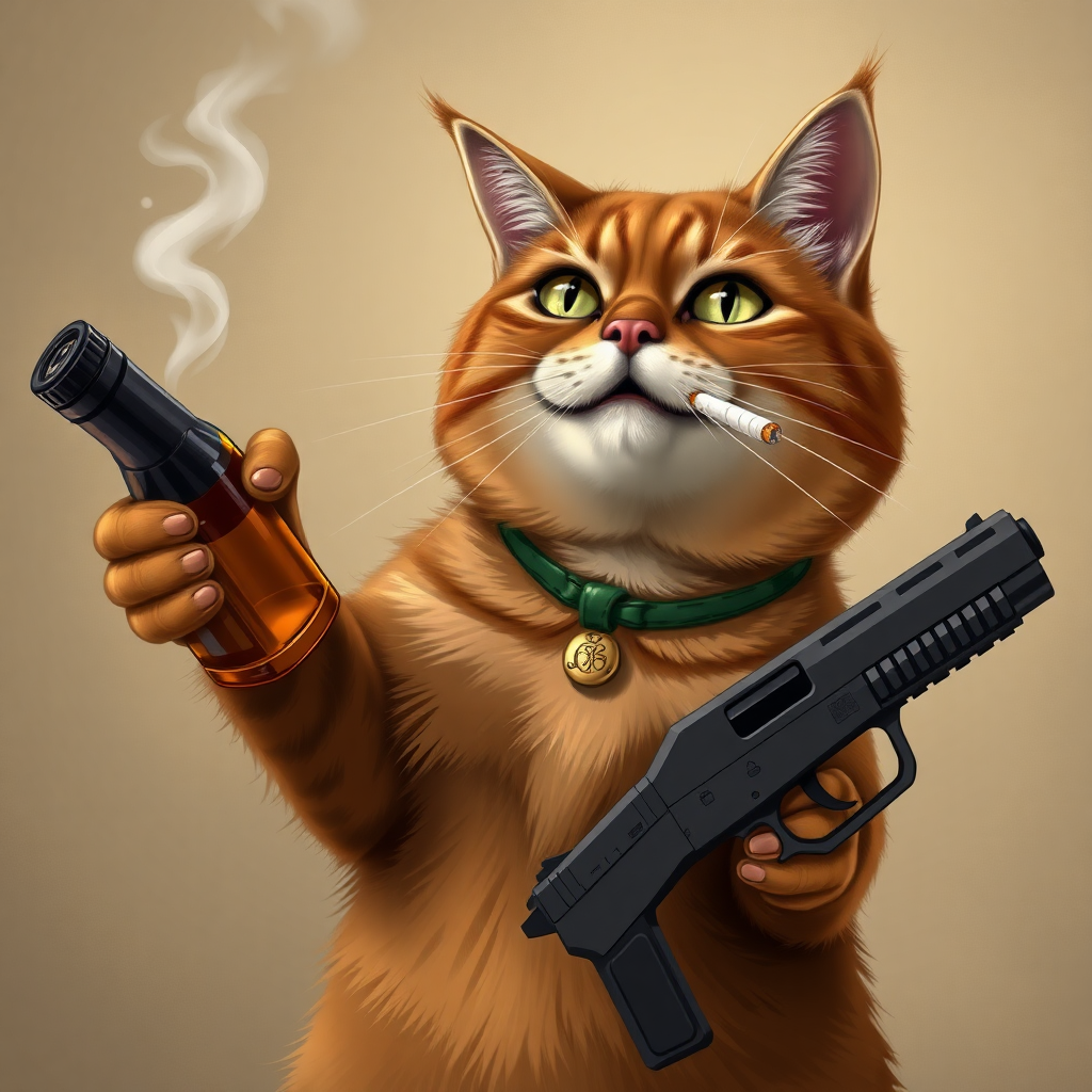 A brown cat with a bottle in one paw, a gun in the other paw, and a cigarette in its mouth.