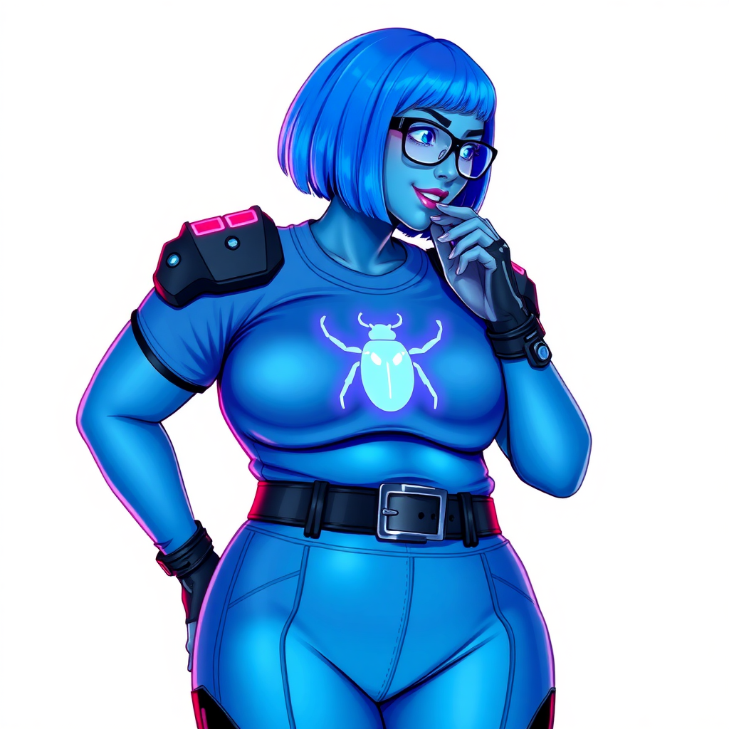 A 28-year-old, full-figured, metallic maximum blue (5PB 5/10) skinned computer program hybrid with a maximum blue bob cut. She has a non-athletic build, highlighted by a prominent, round, large midsection (with emphasis on her belly), which shows the effects of her new love of junk food acquired from her boyfriend. As the full-figured, nerdy, digital sidekick to her cyberpunk vigilante boyfriend, her metallic maximum blue skin and maximum blue lipstick (5PB 5/12) emphasize her digital nature. Her skin has a subtle, animated glow, with digital patterns occasionally flickering across it, making her digital nature obvious. She wears a digital, computerized costume, consisting of a huge, tight-fitting, maximum blue t-shirt (5PB 5/12) made out of advanced nanotech with a neon blue glowing chest icon of a beetle, hi-tech shoulder pads with neon blue accents, a black hi-tech belt with a digital neon blue glowing buckle, digital maximum blue biker pants (5PB 5/12) with neon blue accents, and black hi-tech fingerless biker gloves with neon blue glowing accents. Her neon blue glowing eyes, black eyeglasses with neon blue glowing lenses equipped with a built-in HUD, and bashful smile with neon red blush accentuate her nerdiness. She stands bashfully with one hand behind her back and the other hand gently touching her cheek, her costume covering all her skin and emphasizing her full-figured physique (especially her belly). She is clearly non-athletic, with a focus on her full-figured physique. Despite her build, she radiates beauty. She has a slim face compared to her physique, accentuating her radiant beauty. She is on a solid white background. She is drawn as if she were in a retro 2D cyberpunk fighting game.