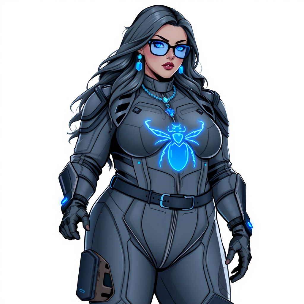 A 29-year-old computer science major, she is the devoted girlfriend of a vigilante and serves as his dotingly pampered, full-figured, nerdy digital sidekick. She is now a Computer Program hybrid, with a unique, metallic Middle Gray (N5) skin color that blends with her suit and hair, resembling computer data. Her long hair, suit, and skin are all Middle Gray (N5). Her neon blue eyes are mesmerizing. Her full figure, especially her prominently gargantuan round midsection, shows just how heavily fed and pampered she is, with sequoia-sized limbs and broad shoulders.

As a loyal and supportive sidekick, she plays a crucial role in their missions, using her digital prowess to assist and protect. She wears a blue sapphire scarab necklace and blue sapphire earrings, which she received as symbols of their love before his 5-year disappearance. Her digital and computerized biker suit, also Middle Gray (N5), covers her entire body and is adorned with a neon blue beetle emblem on its chest. The suit is equipped with high-tech features, including holographic displays and integrated hacking tools. She has matching high-tech gloves. She emits neon blue data cubes from her body, set against a solid white background.

Heavily, attentively, and immensely pampered through being well-fed since their reunion, her full figure clearly shows the extent of care she has received. Despite her digital enhancements, she retains her human vulnerabilities, including hunger and sleep, and is not immune to human weaknesses. She has the ability to hack into computers and machines, and her nerdiness is blatantly obvious with her black oversized eyeglasses. Her full figure, especially her gargantuan midsection, is prominently displayed and heavily emphasized. Her outfit, influenced by DC’s Jennifer Knight Phantom Lady, remains distinct.

Despite her boyfriend’s limited resources, she assists in the war on crime by serving as a minicomputer, traveling in a high-tech wristwatch and supercar’s computer system. Using her hacking abilities, she relays crucial knowledge related to missions. She is drawn as if she was in a retro 2D cyberpunk fighting game.