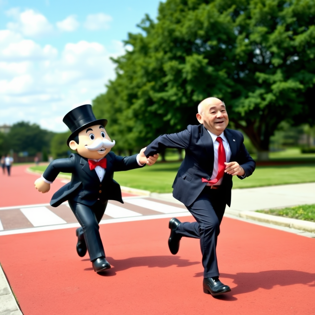 Monopoly Guy is jogging and is grabbing a guy.