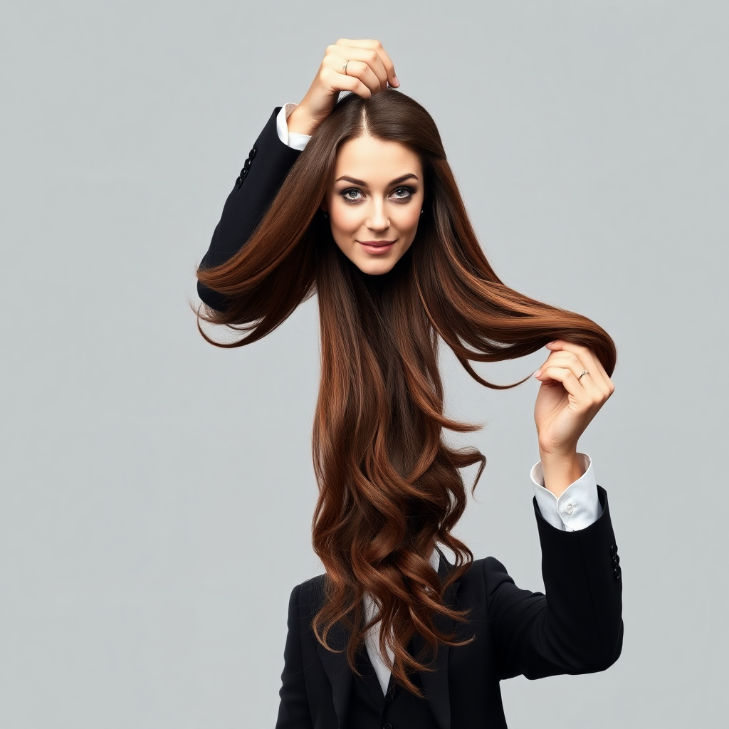 A surreal image of a magician holding up the disembodied head of a very long haired Kate Middleton. He is grabbing her very long hair and pulling it up high in the air, while her head is hanging by her hair from his grasp to display it to the camera. Plain gray background.