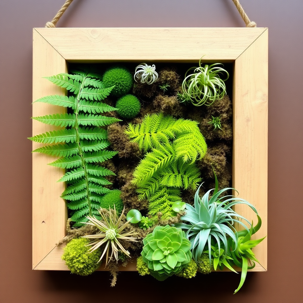 A frame is filled with ferns, flat moss, and air plants.