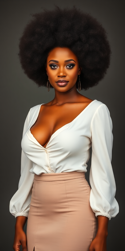 a fullbody photo of a very busty african woman with an afro wearing a white blouse with cleavage and a long skirt