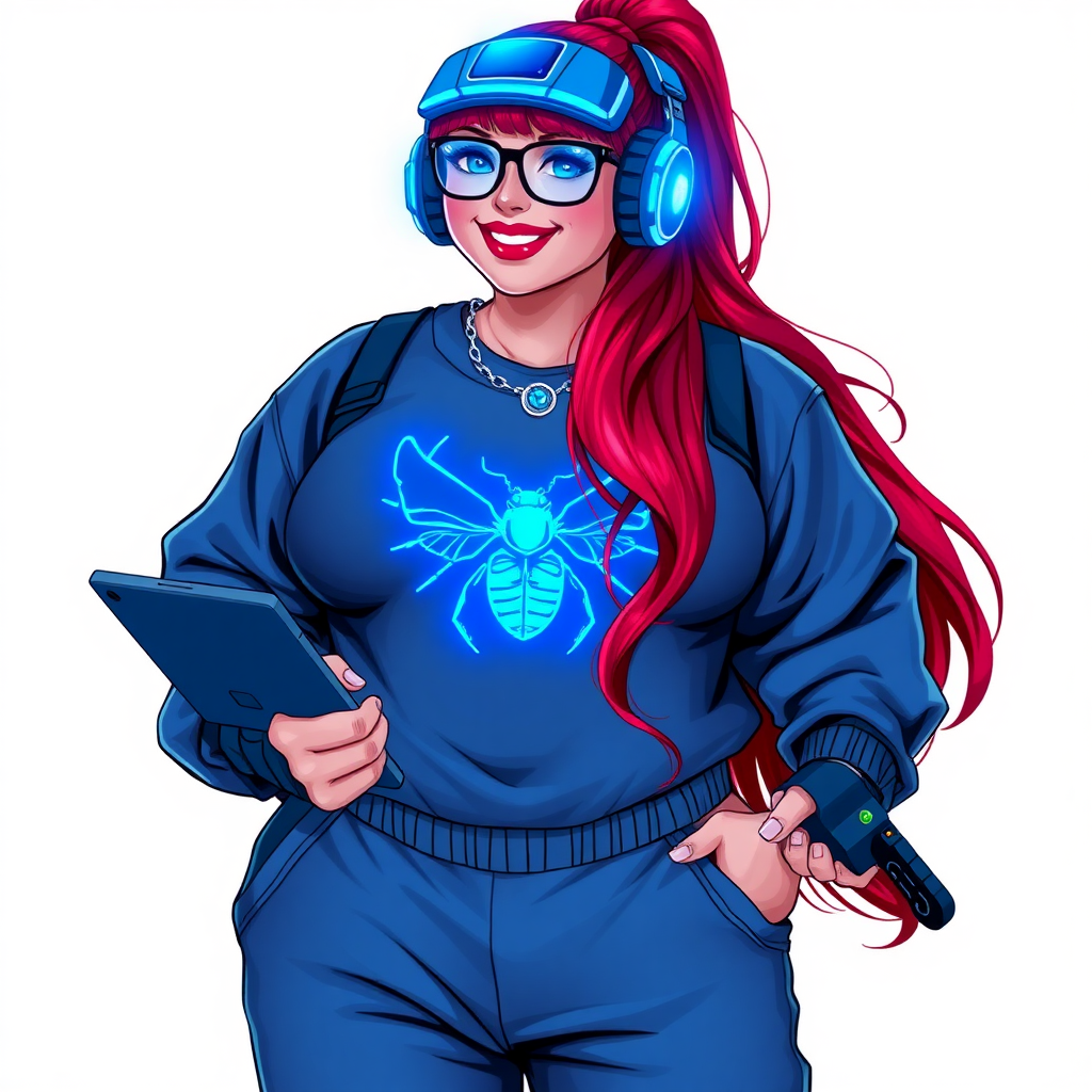 A cyberpunk vigilante’s full-figured intelligent and tech-savvy 29-year-old girlfriend, who is a computer hacker and tech genius. She has a long ruby red ponytail and bright blue eyes. She wears a sapphire beetle gemstone necklace, an oversized Maximum Blue (RGB 71, 171, 204) t-shirt featuring a neon blue glowing chest icon of a winged beetle, and matching Maximum Blue (RGB 71, 171, 204) sweatpants. She has a full-figured physique with a prominent, gargantuan, well-rounded midsection, reflecting her well-cared-for lifestyle. Her midsection is heavily emphasized. She sports a sapphire headset with a hi-tech sapphire lensed HUD visor, Maximum Blue (RGB 71, 171, 204) lipstick, black eyeglasses, and a beaming smile with a passionate bright red blush. Despite her figure and a lack of self-esteem, she radiates an air of beauty. She has an angular face which contributes to her radiant beauty. She serves as his tech expert from his hideout, holding a holographic tablet and a hi-tech tool wrench. The background is solid white. She is drawn as if she was in a retro 2D cyberpunk fighting game. Make sure her outfit covers her midsection.