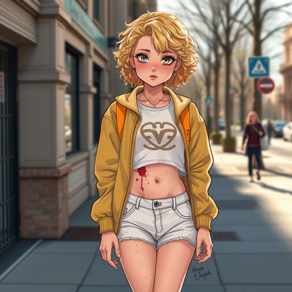 Realistic drawing style image, Extremely good quality 8k resolution drawn manga image of a 15 year old petite and short tomboy girl with golden blonde curly hair with mixed and different colored eyes for each eye and moles on her entire body and is a white American girl, Has on a Gold Jacket over a white extremely short crop top only covering her breasts and nothing more with a design on it, and has on ripped shorts and cool looking sneakers and a deep and big knife cut wound on her stomach from a huge injury she had, with a bright color backpack, ear piercings on, walking on the street to school in the morning with the beautiful sunlight lighting up her body beautifully with no tattoos.