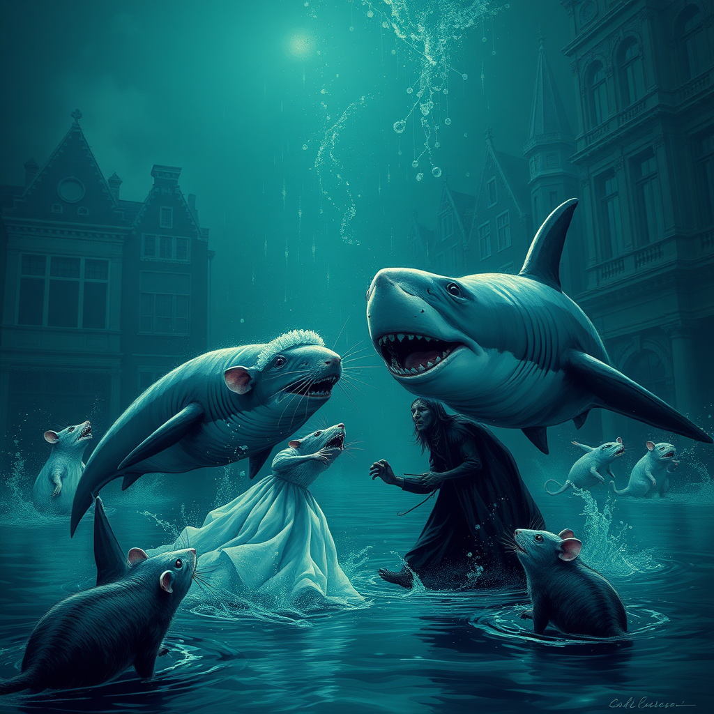 A rat wedding being attacked by hammerhead sharks, no text, Lovecraftian, sci fi, in Amsterdam