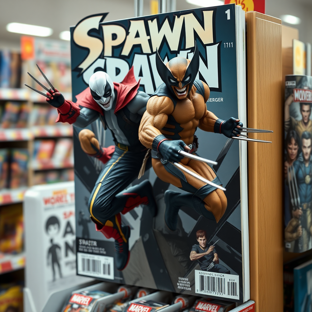 Jumping out of a Comic book cover on a store shelf is Spawn and Wolverine in Cinematic Real3D photo-realistic quality.