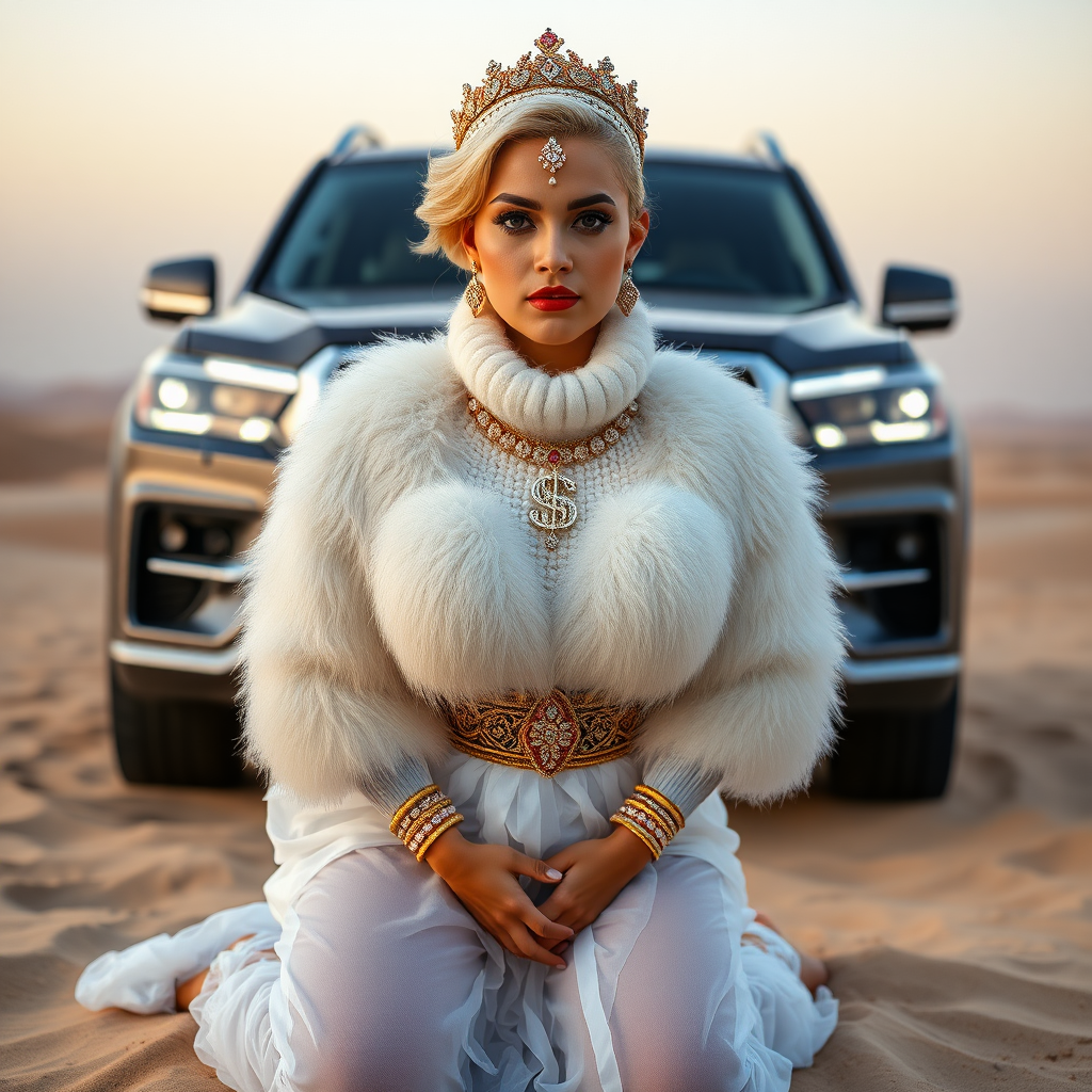 Kuwait desert dunes misty dawn, full size luxury SUV: Melissa, European 17 years old very convincing femboy “trophy-bimbo”, tamed servile docile, very beautiful feminine flawless face, rather short, by hormones very curvaceous womanly figured, platinum blond short tight curls, bold red lips, heavily made-up face, wearing Supertanya-style fluffy very fuzzy bright white angora turtleneck-poncho cropped ending under bust decorated with pearls and gemstones, striking oriental wide gold bridal protection belt, white fully transparent harem pants, full Oriental bridal jewelry with striking headpiece, full Oriental face-jewelry, coin anklets, striking diamond “$$$” letter brooch on left chest, pout frustrated, hands tied behind back, kneeling in sand in front of SUV, looking at camera. Focus on face and turtleneck-poncho.