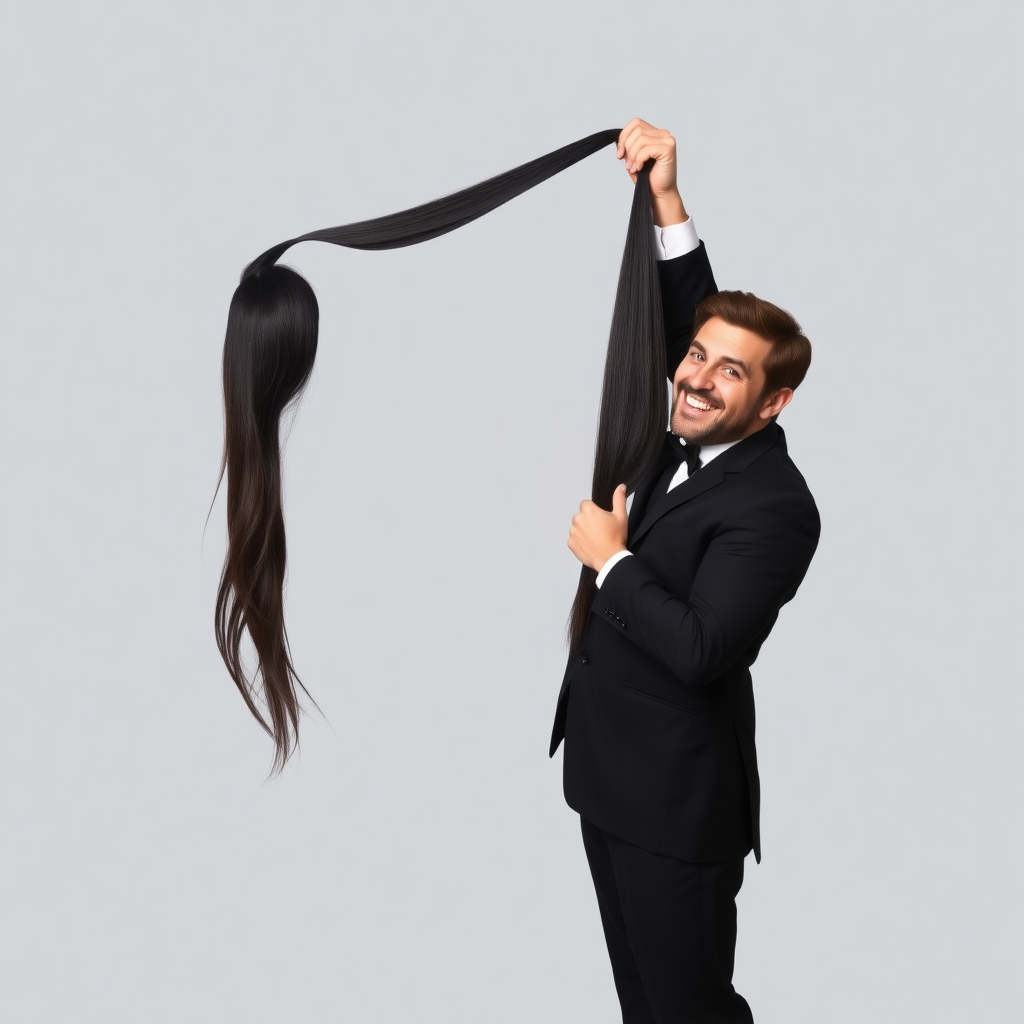 A surreal image of a smiling male magician standing to the side while holding up the disembodied head of a very long haired Meghan Markle by her hair to display it to the camera. He is grabbing her very long hair and pulling it up high in the air, while her head is hanging by her hair from his grasp. Plain gray background.