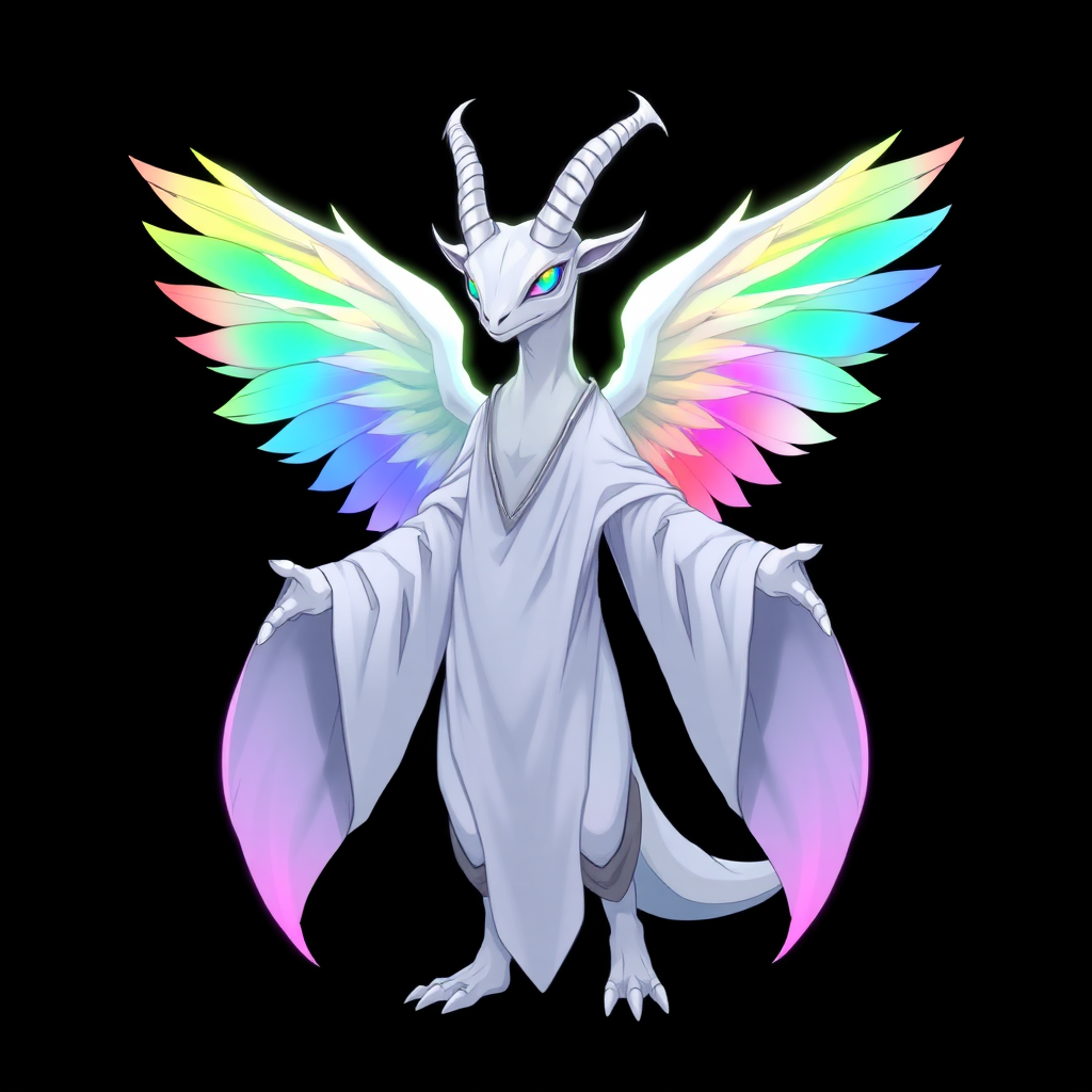 (Anime Styled Art) Against a deep black background, a tall, white reptilian humanoid resembling a goat stands gracefully. Its striking rainbow eyes glimmer with intensity, complemented by two elegant white horns that curve upwards. Clad in flowing white-black robes, the figure is enveloped in a chaotic rainbow aura that radiates vibrantly around its entire body. With arms extended outward, it showcases three large ethereal angel wings that add an air of divine mystique.