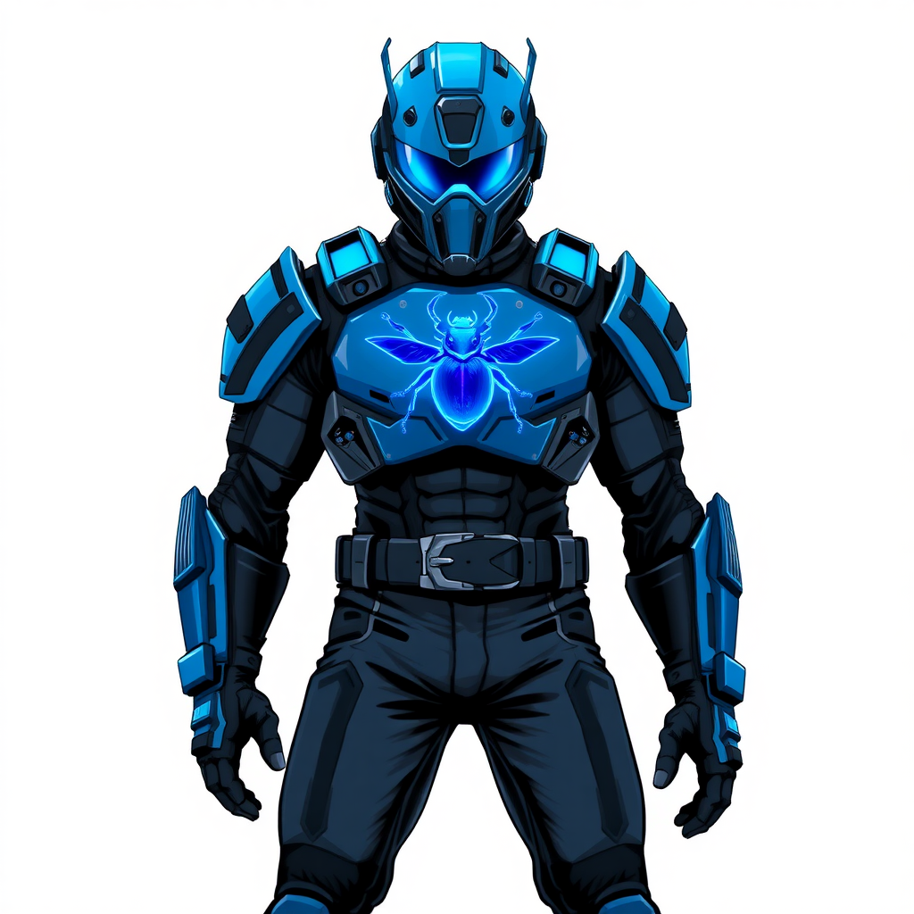 A 28-year-old cyberpunk vigilante stands heroically, clad in hi-tech, maximum blue tactical armor featuring a neon blue beetle on the chest. He wears black biker pants, a black belt with a sapphire beetle buckle, and a helmet resembling a sleek, tactical design, but colored maximum blue with neon blue lenses. Their hands are protected by black hi-tech gloves, all set against a solid white background. He is drawn as if he was in a retro 2D cyberpunk fighting game.