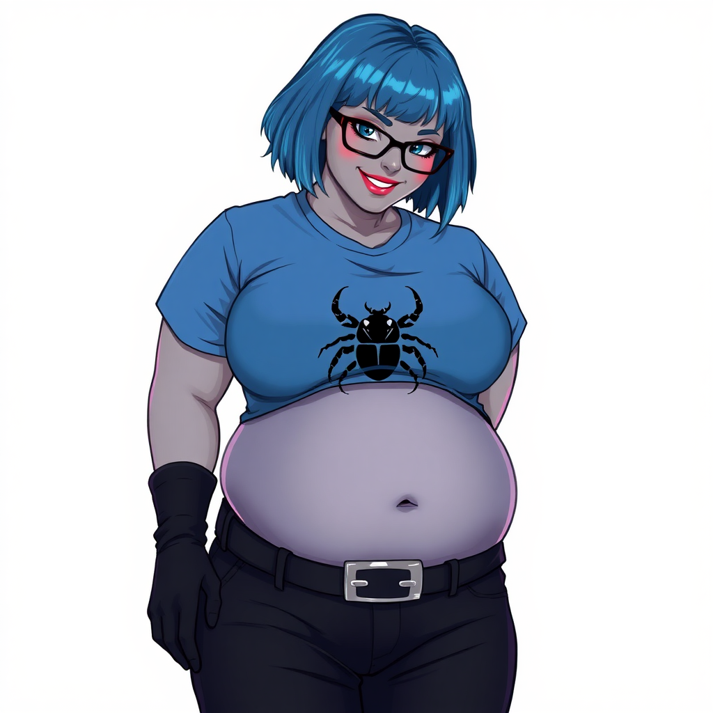 A 28-year-old, full-figured, metallic middle gray skinned computer program hybrid with a short maximum blue bob cut. She has a non-athletic build, highlighted by a prominent, round midsection (with a focus on her round belly). As a digital sidekick to her cyberpunk vigilante boyfriend, her middle gray metallic skin and maximum blue lipstick emphasize her digital nature. She wears a large, tight-fitting, maximum blue t-shirt (accentuating her belly) with a black chest icon of a beetle on its chest, black pants, a black belt with a sapphire scarab buckle, and black gloves. Her bright blue eyes, black eyeglasses, and shy smile with neon red blush accentuate her nerdiness. She bashfully bows her head (while still facing the screen) with her hands behind her back, her t-shirt covers her midsection (especially her belly) and emphasizing her full-figured, non-athletic physique. She is on a solid white background. She is drawn as if she was in a retro 2D cyberpunk fighting game. She is clearly non-athletic, with a focus on her full figure. Make sure her outfit covers all of her bare skin (especially her midsection).