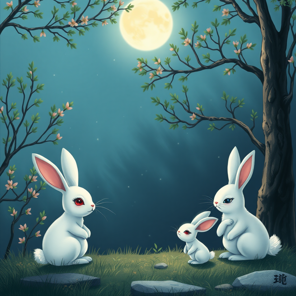 On the moon, a little white rabbit with ruby-colored eyes gathers with friends like Sister Chang'e and the Jade Rabbit under the tall laurel trees to spend joyful moments together.