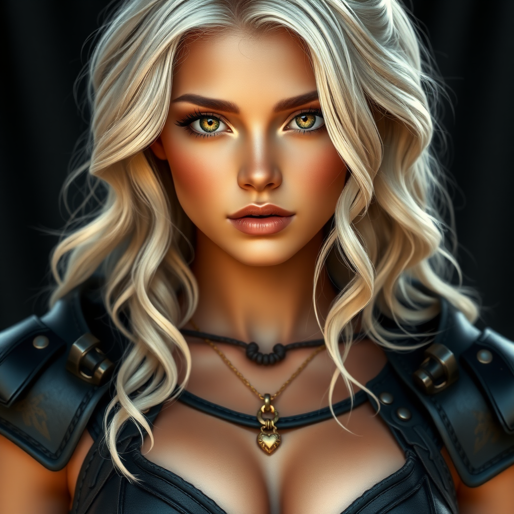 Portrait of a beautiful young woman with long wavy platinum blonde hair, platinum blonde eyebrows, green eyes, a suntan, and large breasts. She is wearing black leather armor and a gold necklace with a small heart pendant.